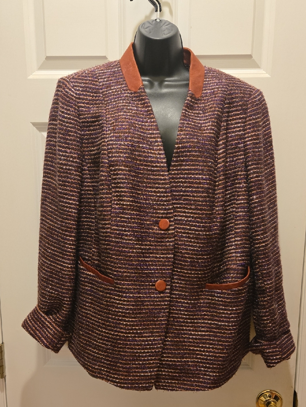 NWT Lafayette 148 Blazer 16W Tweed Leather Mohair Jacket Double Button Pockets